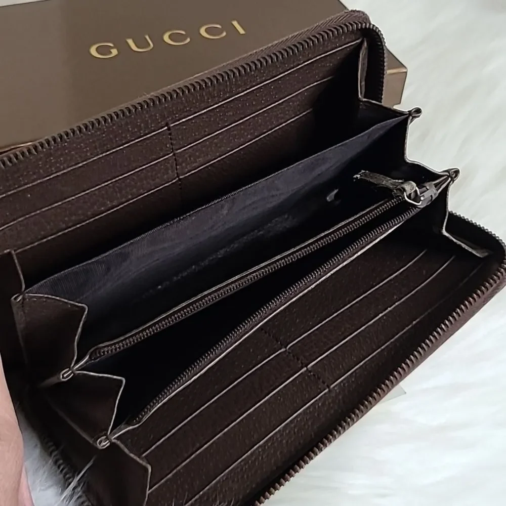 💯Authentic Gucci Round Zip Long Wallet GG Chevron Beige Green Red🍀 - Picture 13 of 16